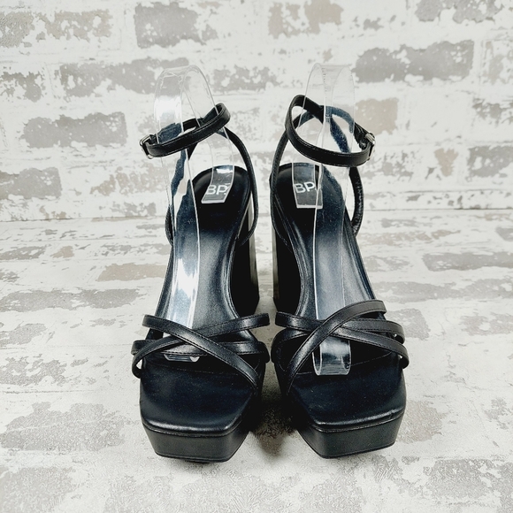 bp Tavey Black Strappy Leather Buckle Ankle Strap Block Heels W597 - Picture 3 of 14